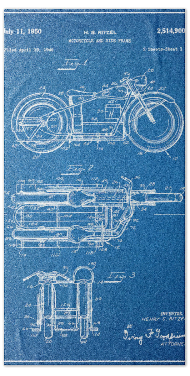 1950 Ritzel Motorcycle Patent Print Hand Towel featuring the drawing 1950 Ritzel Motorcycle Patent Print Blueprint by Greg Edwards