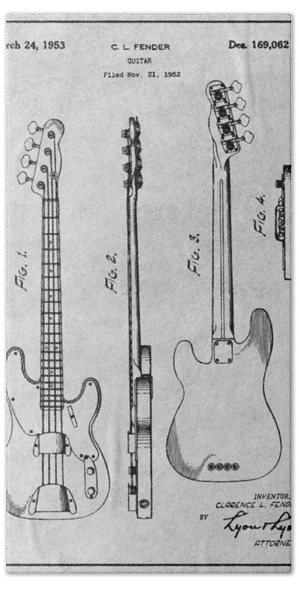 Fender Bath Towel featuring the drawing 1952 Fender P1 Bass Guitar Patent Print Gray by Greg Edwards