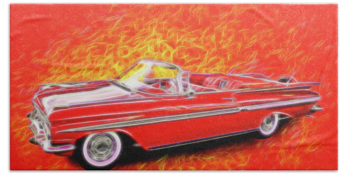 1959 Chevy Convertible Red Hand Towel featuring the digital art 1959 Chevy Convertable by Rick Wicker