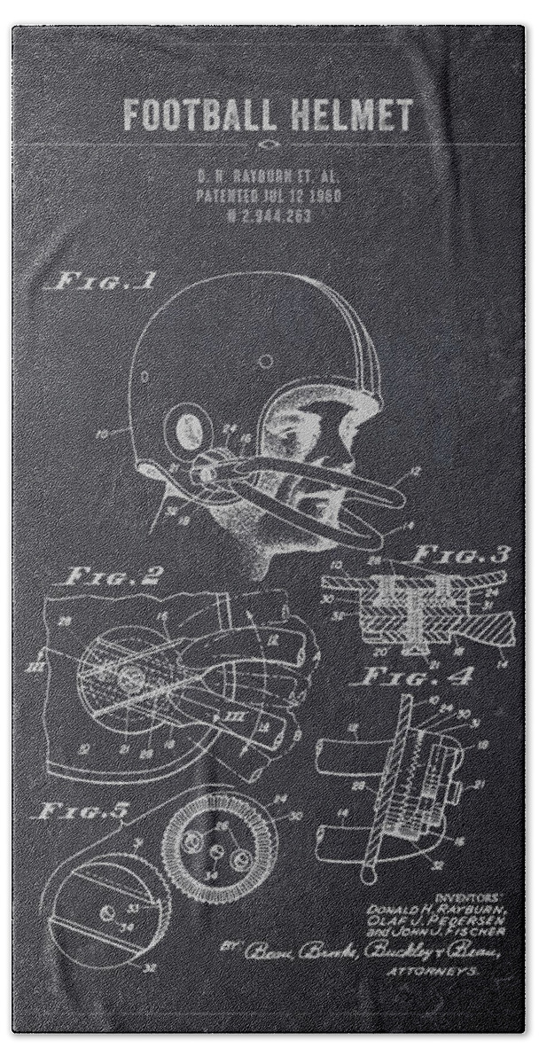 Football; Football Helmet; Football Patent; Nfl; Softball; National Football League; Football Player; Sport Patent; Famous Inventions; Blueprint Patent; Vintage Patent; Patent; Patented; Inventions; Inventor; Patent Illustration; Patent Drawing; Exclusive Rights; Intellectual Property; Patentee; Patent Application Bath Towel featuring the digital art 1960 Football Helmet - Dark Charcoal Grunge by Aged Pixel