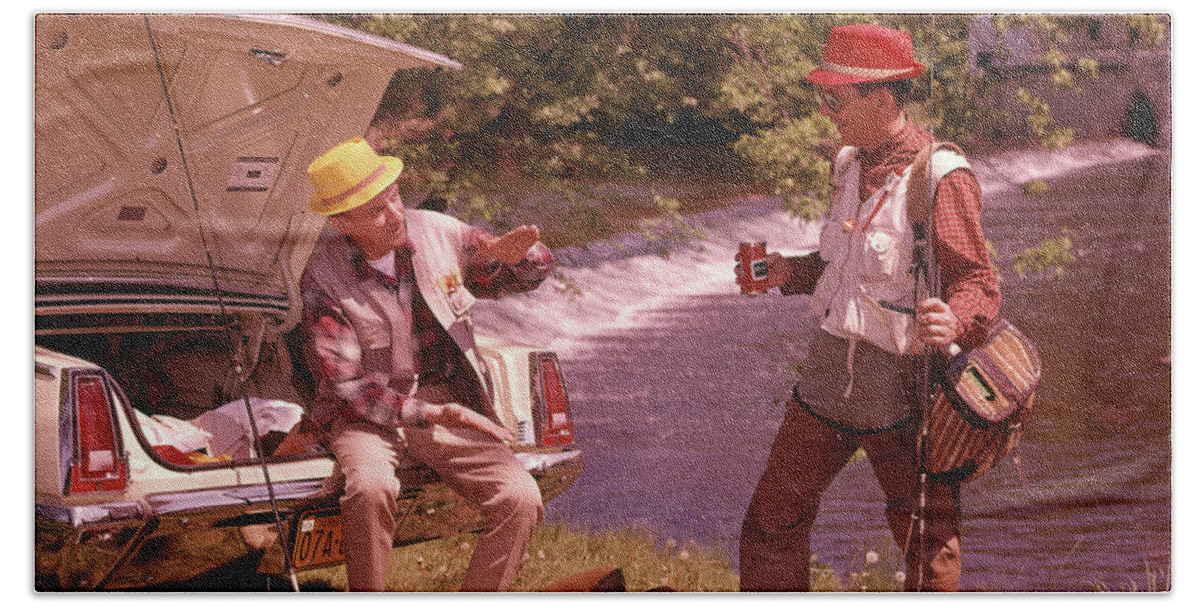 1960s Two Men Wearing Fishing Gear Bath Towel by Vintage Images