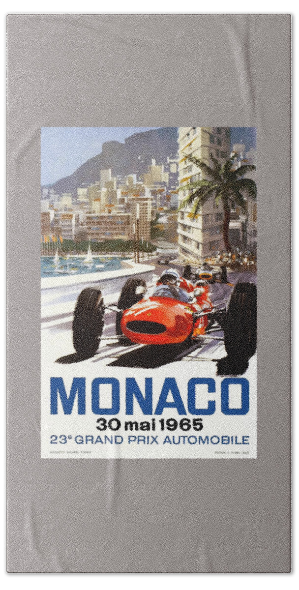 #faatoppicks Hand Towel featuring the digital art 1965 Monaco Grand Prix Racing Poster by Retro Graphics
