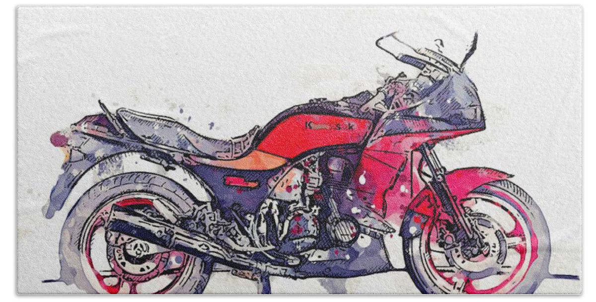 Bicycle Bath Towel featuring the painting 1984 Kawasaki GPZ 750 R 4 watercolor by Ahmet Asar by Celestial Images