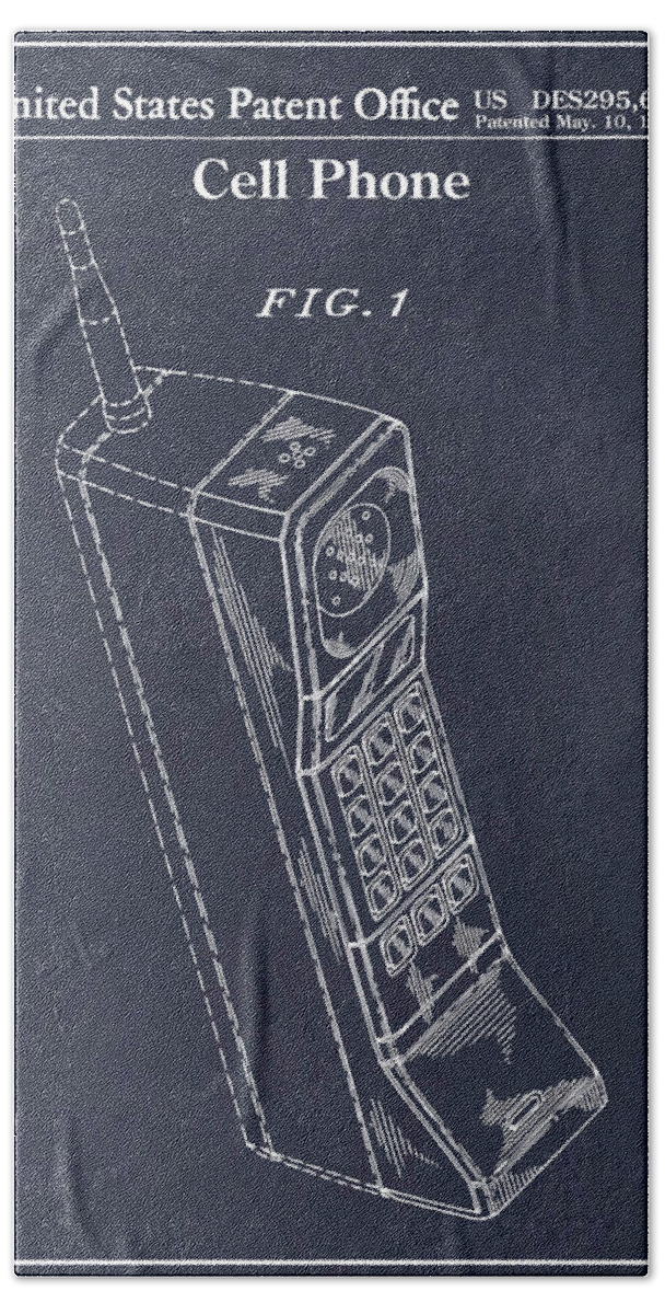 1988 Motorola Cell Phone Patent Print Hand Towel featuring the drawing 1988 Motorola Cell Phone Blackboard Patent Print by Greg Edwards