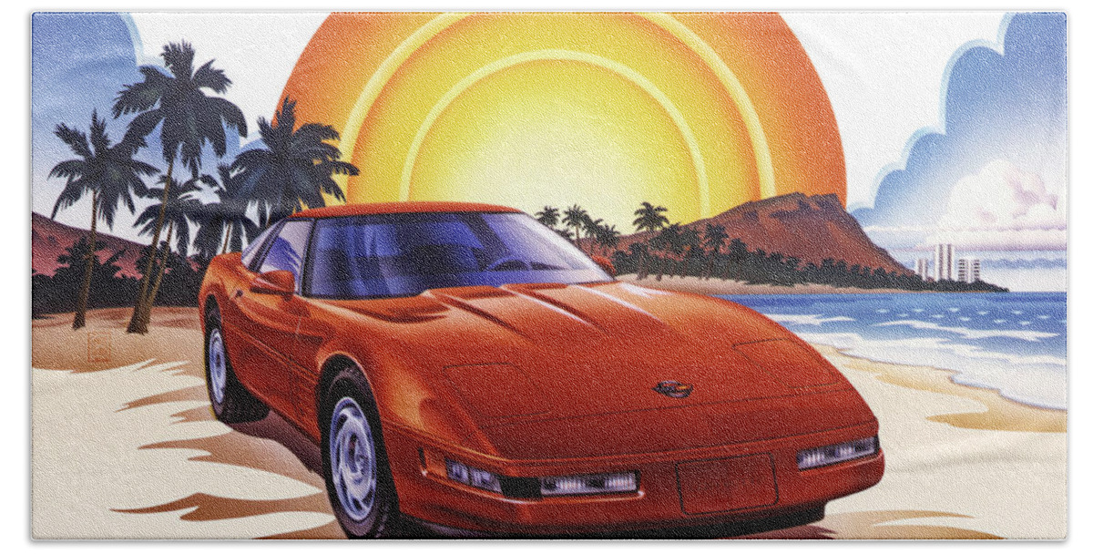 #faatoppicks Hand Towel featuring the painting 1989 Corvette Sunset by Garth Glazier