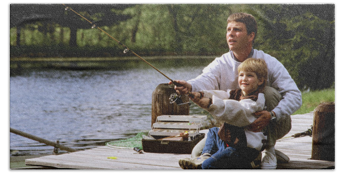 1990s Father And Son Fishing On Dock Bath Towel by Vintage Images