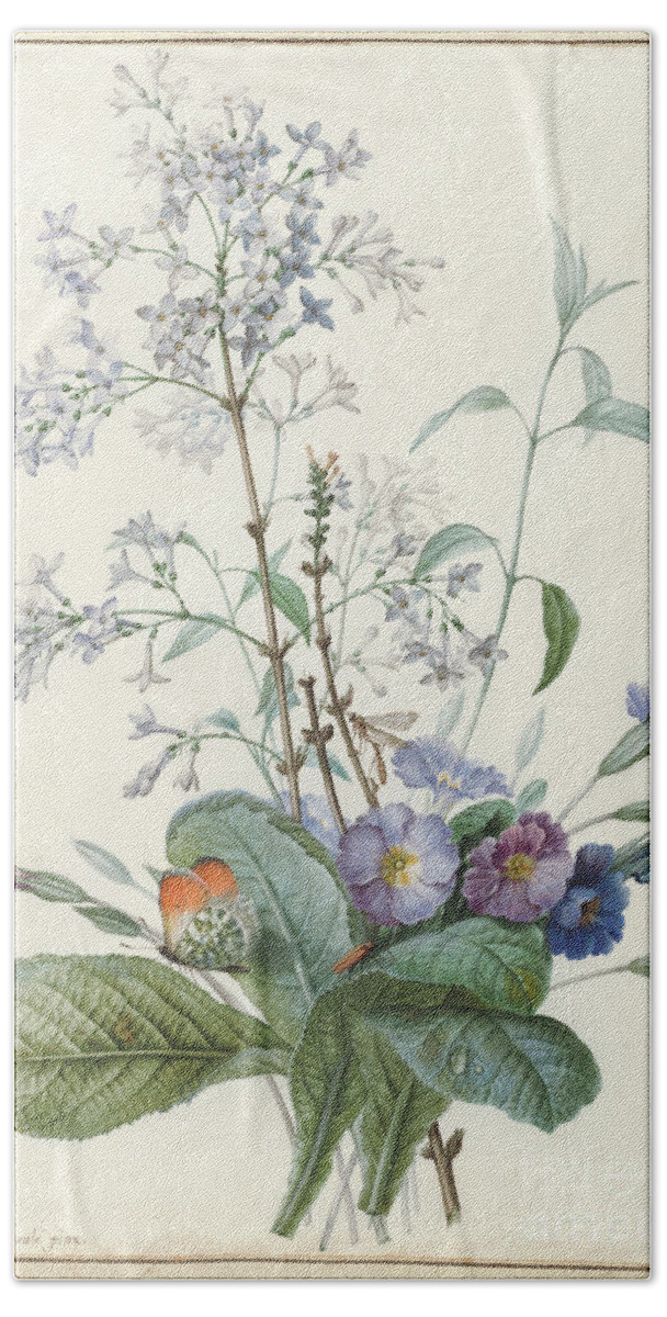Redoute Bath Towel featuring the painting A Bouquet of Flowers with Insects by Pierre-Joseph Redoute