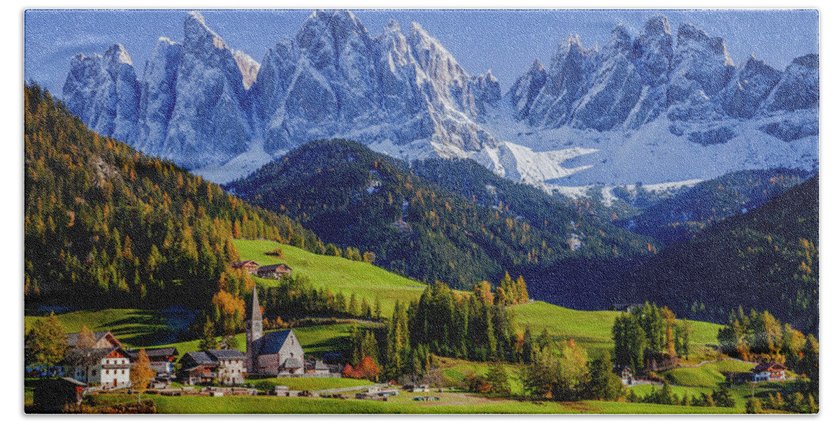 Estock Hand Towel featuring the digital art Alps, Val Di Funes, Autumn, Italy #2 by Davide Erbetta