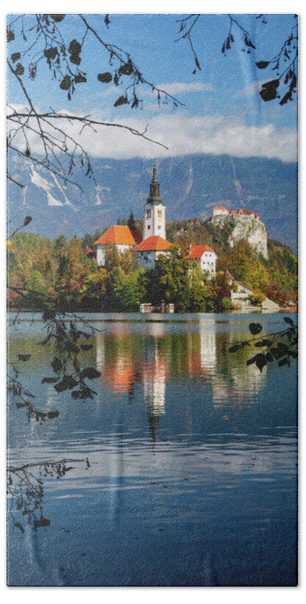 Bled Bath Towel featuring the photograph Autumn colours at Lake Bled #2 by Ian Middleton