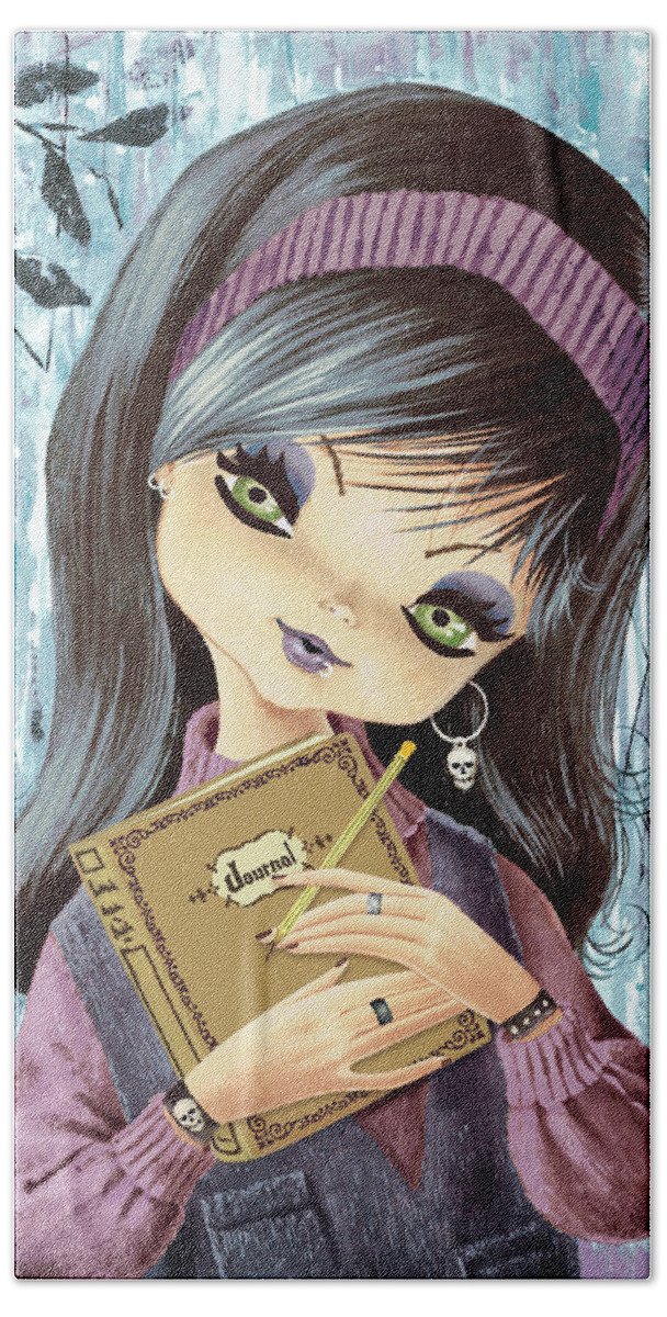 Bashful Hand Towel featuring the drawing Big-eyed girl goes goth #2 by CSA Images