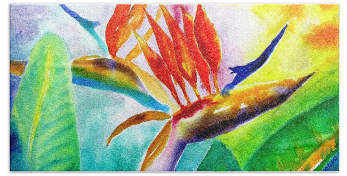 Bird Of Paradise Hand Towel featuring the painting Bird of Paradise by Carlin Blahnik CarlinArtWatercolor