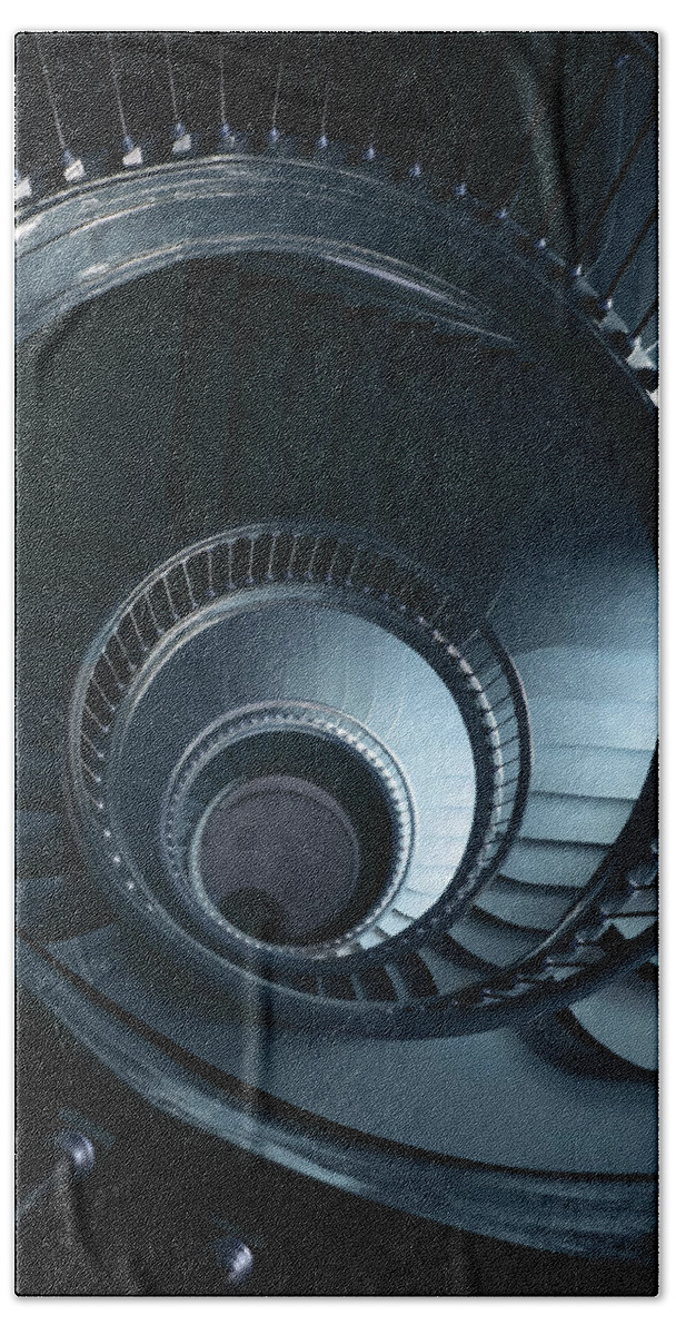 Architecture Bath Towel featuring the photograph Blue spiral staircase #2 by Jaroslaw Blaminsky