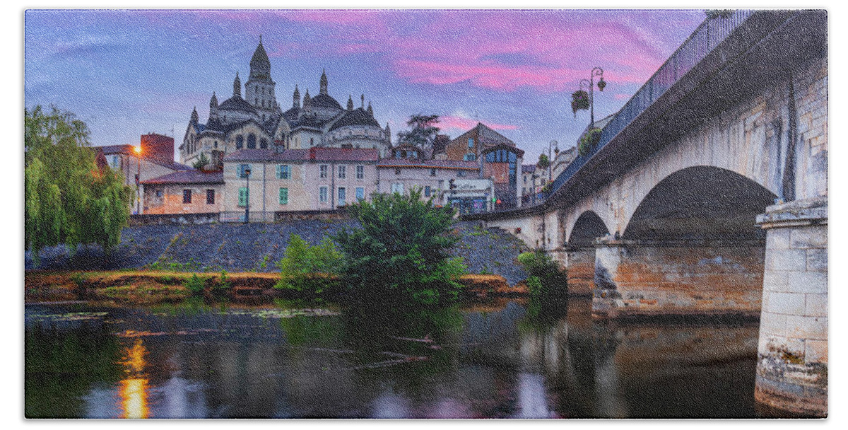 Estock Hand Towel featuring the digital art France, Nouvelle-aquitaine, Perigueux, Dordogne, Saint-front Cathedral Dating From The Xii Century With Pont Des Barris Crossing Over Isle River #2 by Luigi Vaccarella