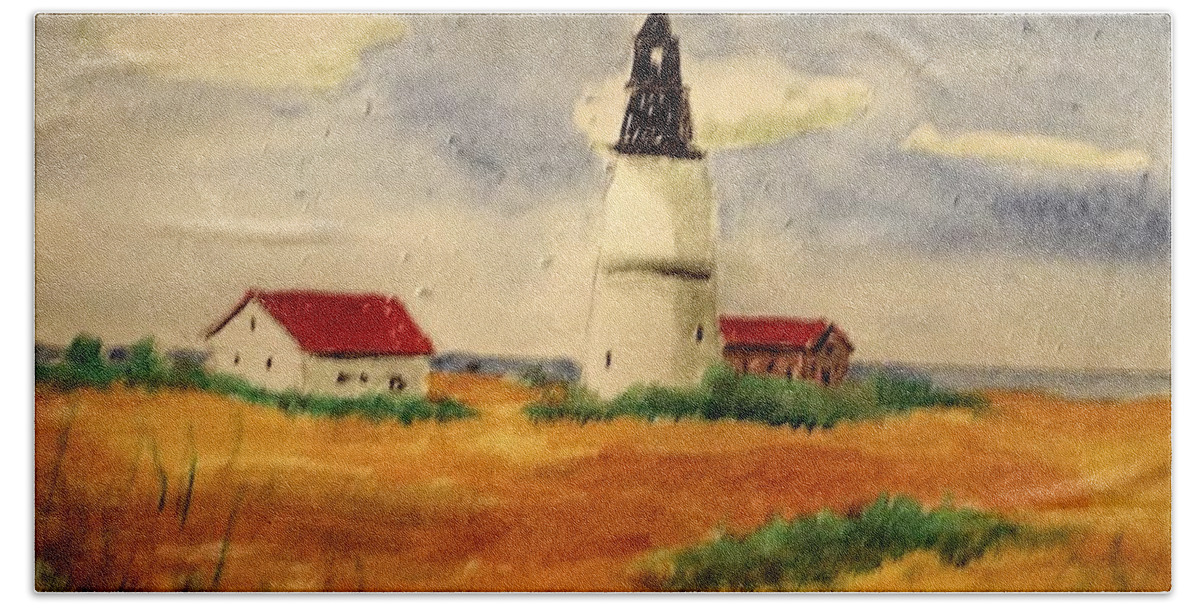 Landscape Bath Towel featuring the mixed media New England Lighthouse #2 by Charles Ray
