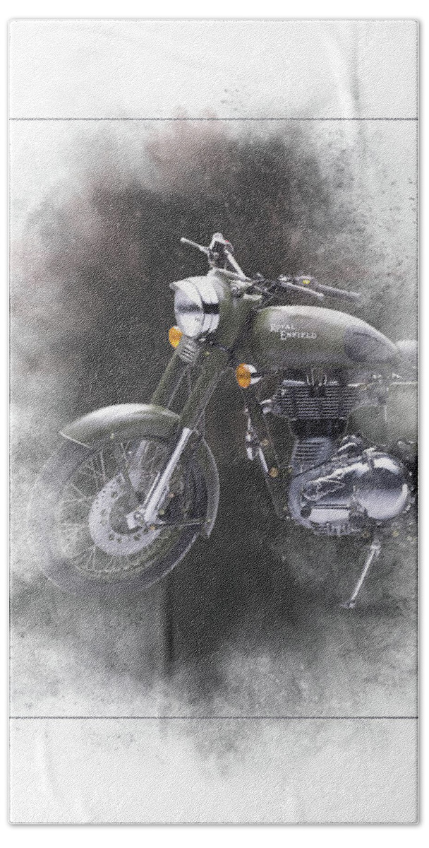 Royal Enfield Hand Towel featuring the mixed media Royal Enfield Classic 500 Painting by Smart Aviation
