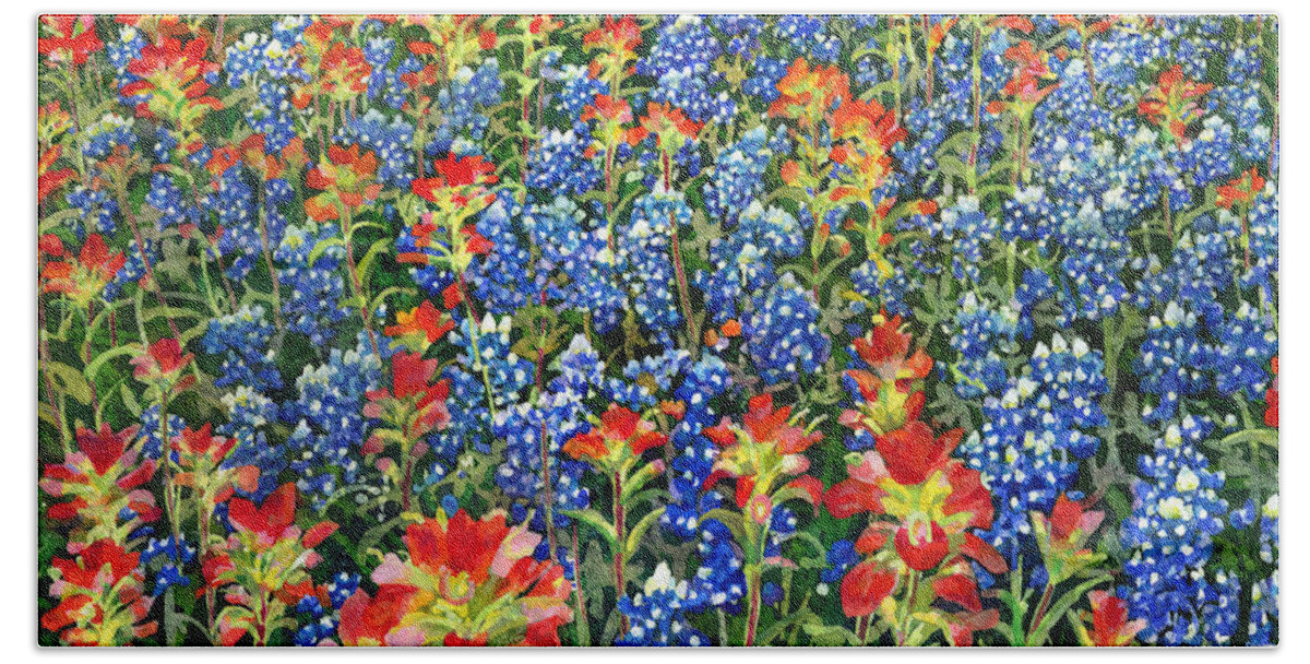 Wild Flower Bath Towel featuring the painting Spring Bliss -Bluebonnet and Indian Paintbrush by Hailey E Herrera
