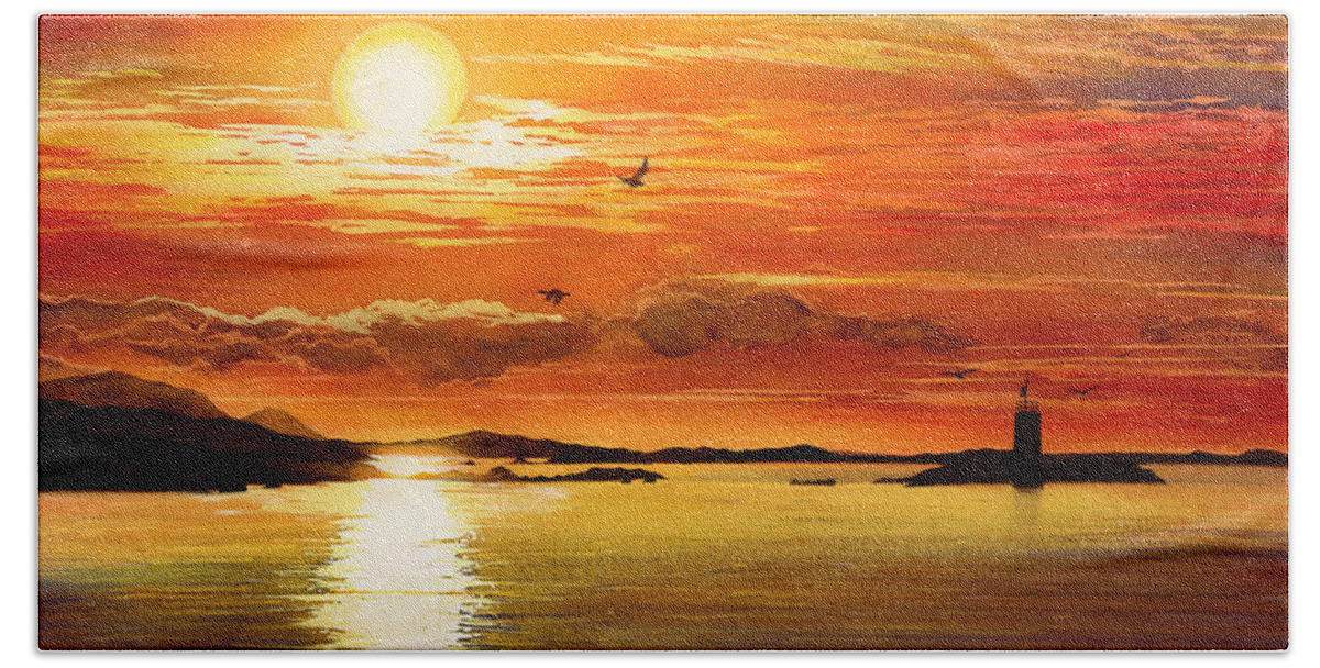 Sunset Hand Towel featuring the painting Sunset Lake by Hailey E Herrera