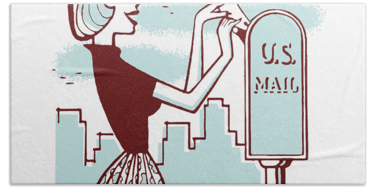 Adult Hand Towel featuring the drawing Woman at Mailbox Mailing a Letter #2 by CSA Images