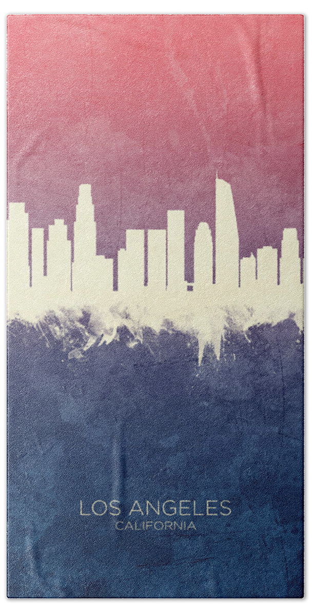 Los Angeles Hand Towel featuring the digital art Los Angeles California Skyline by Michael Tompsett