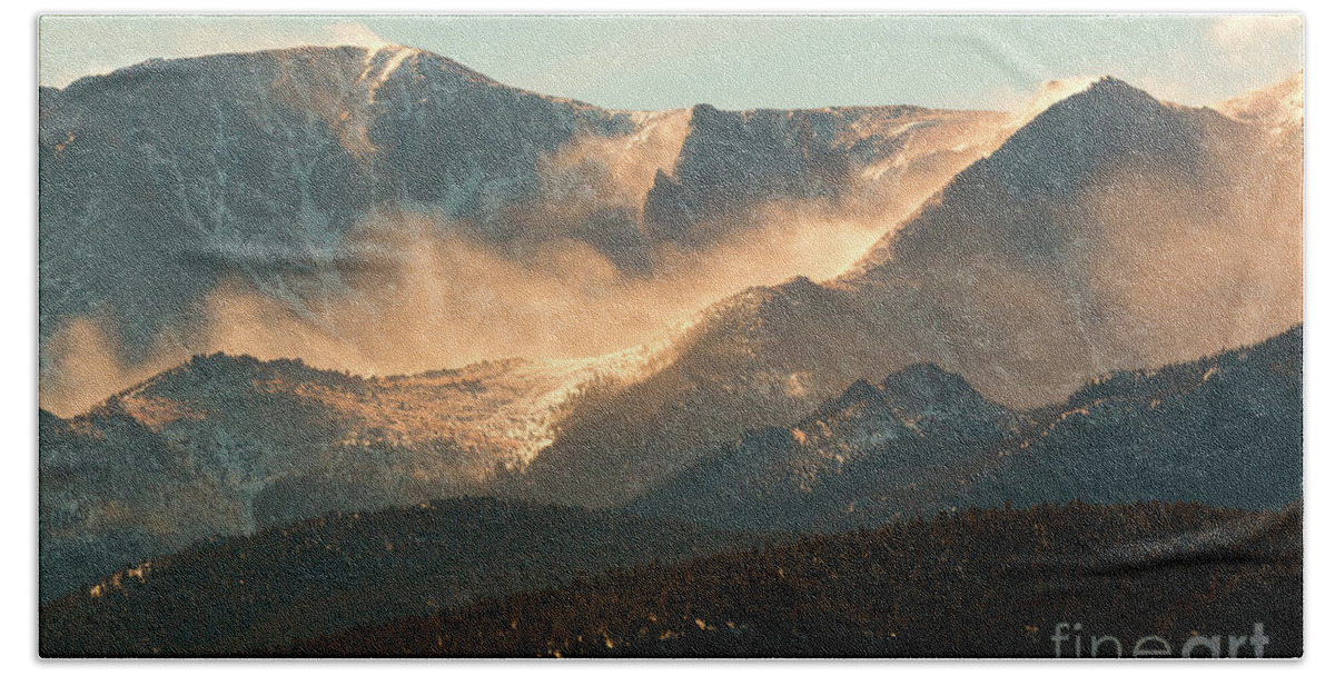 Pike National Forest Bath Towel featuring the photograph Blowing Snow on Pikes Peak Colorado #3 by Steven Krull