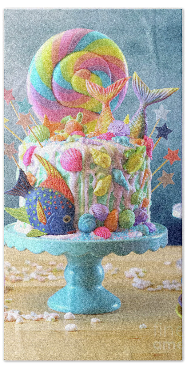 Mermaid Hand Towel featuring the photograph Mermaid theme candyland cake with glitter tails, shells and sea creatures. #3 by Milleflore Images