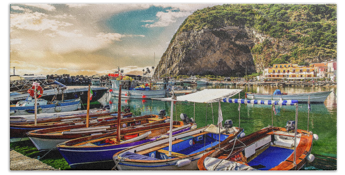 Boats Bath Towel featuring the photograph Moored Boats Under Promontory #3 by Vivida Photo PC