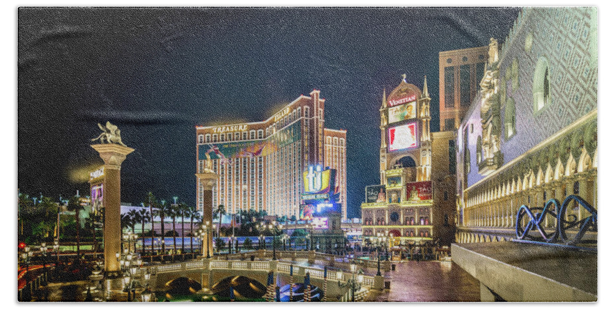 Vegas Bath Towel featuring the photograph Nightime On Vegas Strip In Las Vegas Nevada #3 by Alex Grichenko