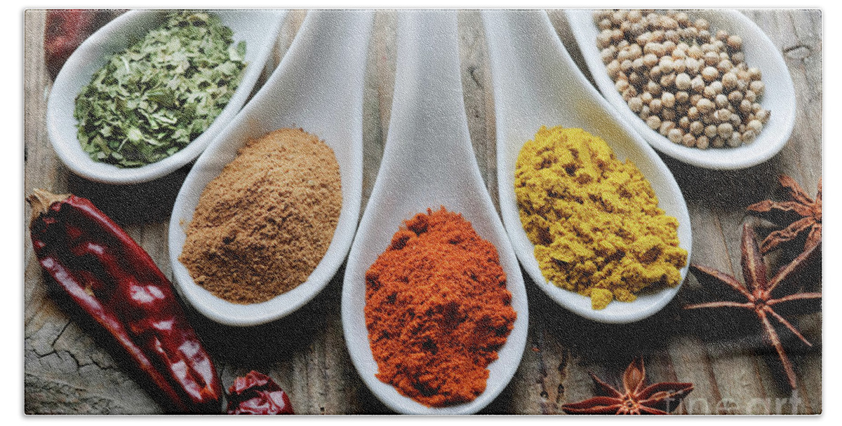 Spices Bath Towel featuring the photograph Spices. Top view. by Jelena Jovanovic