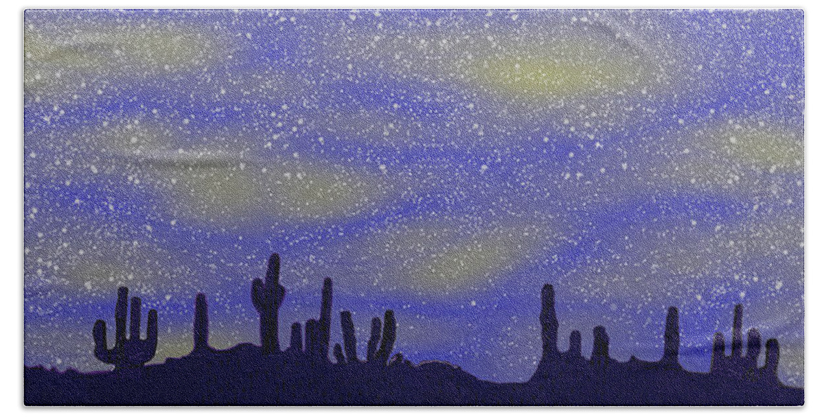 3044 The Desert Starry Sky With Moon Bath Towel featuring the digital art 3044 The Desert Starry Sky with moon by Irmgard Schoendorf Welch