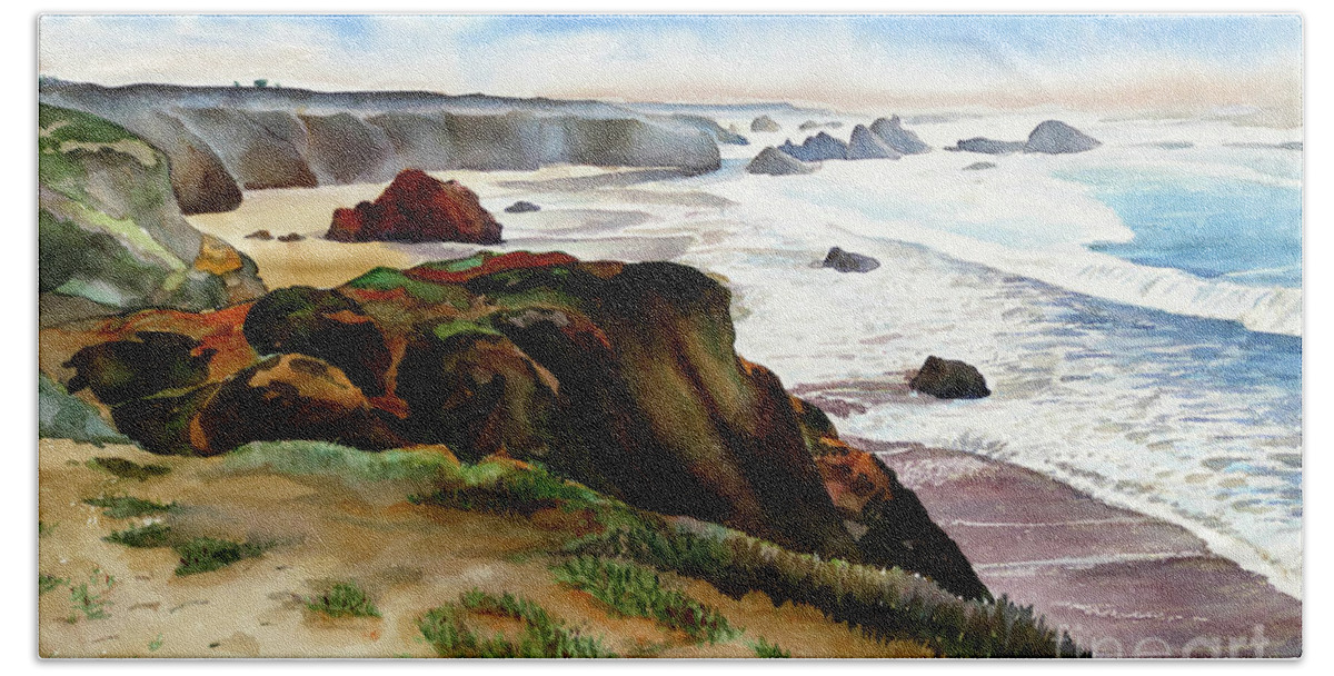Fort Bragg Bath Towel featuring the painting #360 Fort Bragg Beach #360 by William Lum