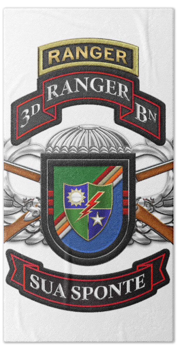  Military Insignia & Heraldry By Serge Averbukh Bath Towel featuring the digital art 3rd Ranger Battalion- Army Rangers Special Edition over White Leather by Serge Averbukh