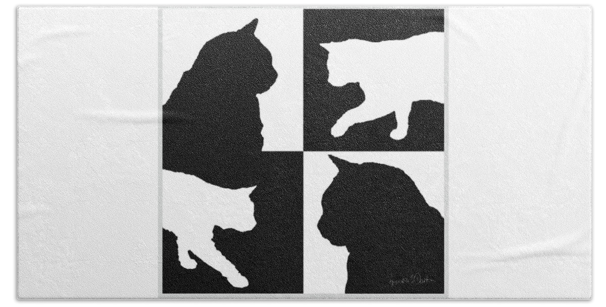 4 Black And White Cat Silhouettes Bath Towel featuring the photograph 4 Silhouettes by Sandra Dalton