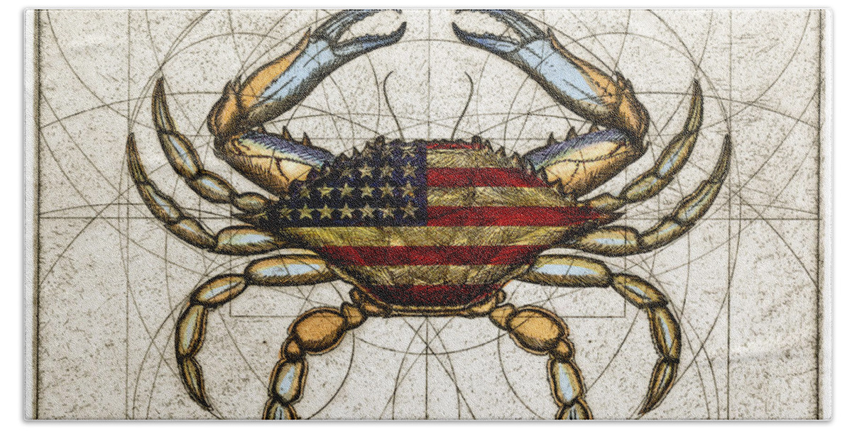 Charles Harden Hand Towel featuring the mixed media 4th of July Crab by Charles Harden