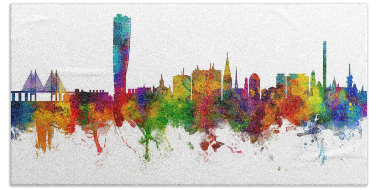 Malmo Hand Towel featuring the digital art Malmo Sweden Skyline by Michael Tompsett
