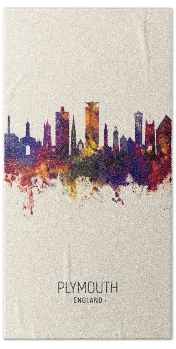 Plymouth Hand Towel featuring the digital art Plymouth England Skyline by Michael Tompsett