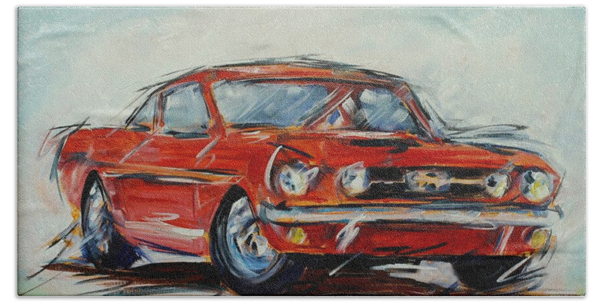 Mustang Bath Towel featuring the painting 65 Mustang by Alan Metzger