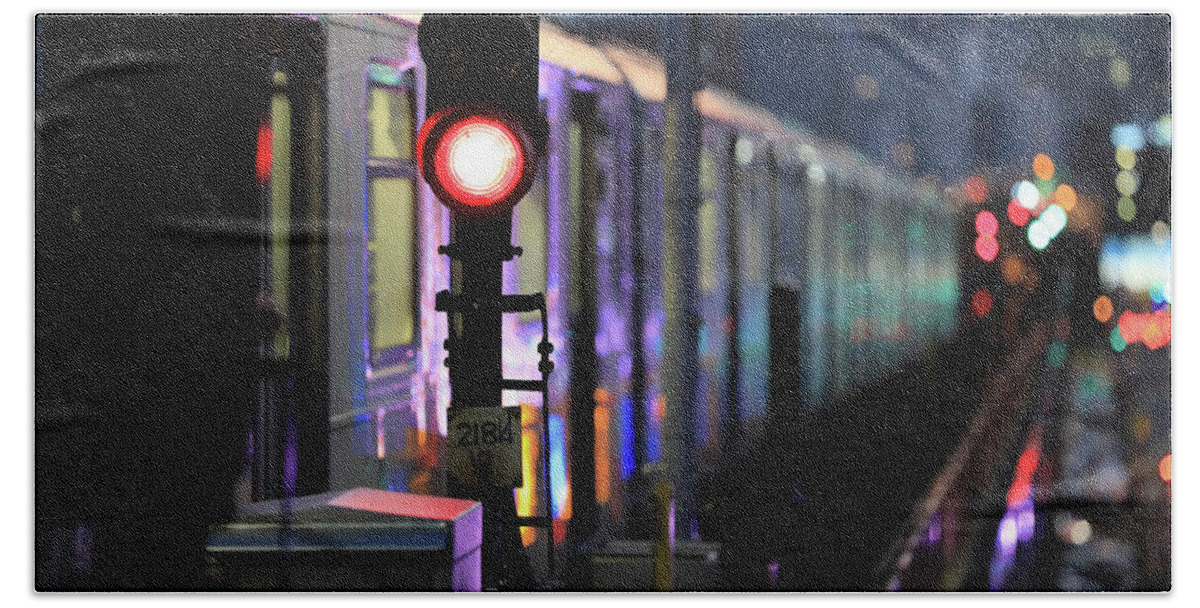 Subway Bath Towel featuring the photograph 7 NightScape No.3 - Manhattan-bound 7 Train Departs 40th St Station, Queens by Steve Ember