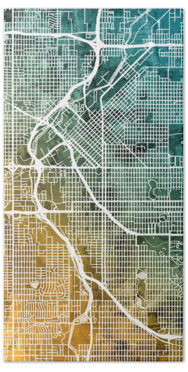 Denver Hand Towel featuring the digital art Denver Colorado Street Map #8 by Michael Tompsett