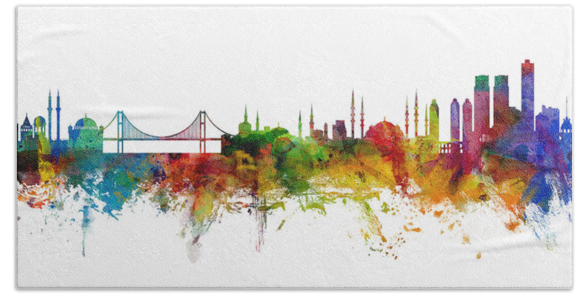 Istanbul Hand Towel featuring the digital art Istanbul Turkey Skyline #8 by Michael Tompsett