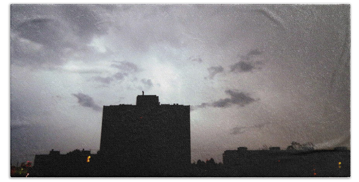Storm Hand Towel featuring the photograph Lightning and thunder at night in the city it's raining #9 by Oleg Prokopenko
