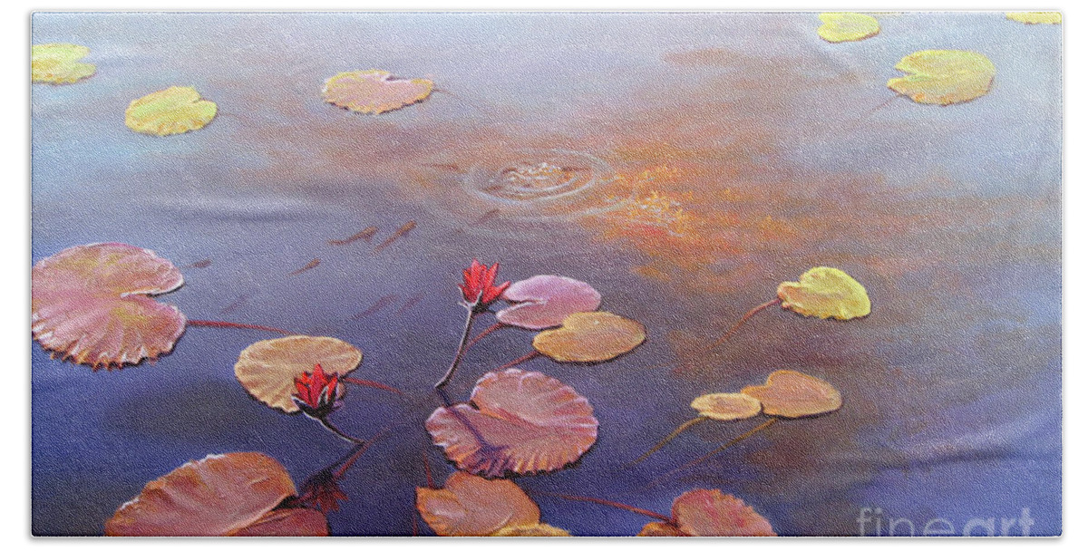 Waterlilies Hand Towel featuring the painting A Burst of Red by Joe Mandrick