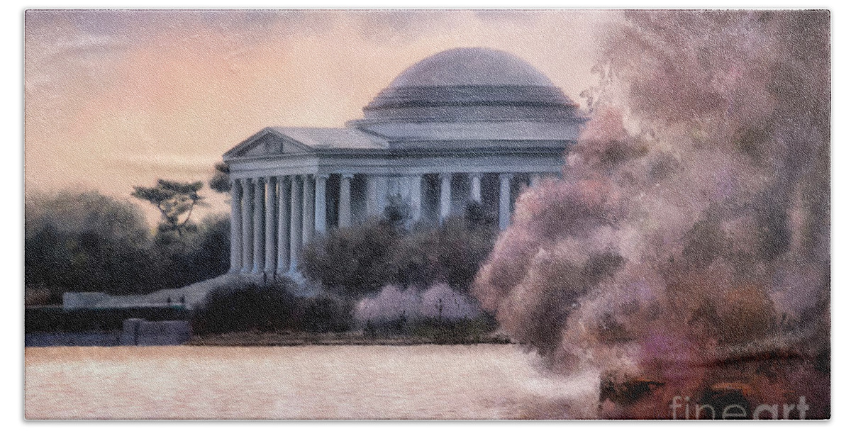 Jefferson Memorial Hand Towel featuring the digital art A Cherry Blossom Dawn by Lois Bryan