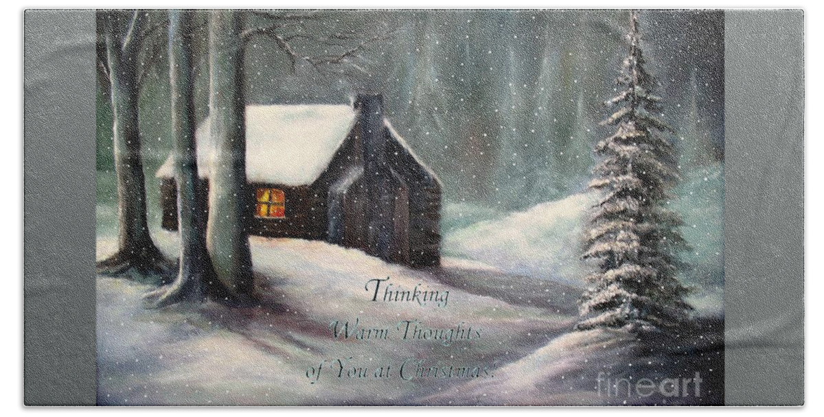 Wood Cabin Bath Towel featuring the painting A Cozy Christmas by Hazel Holland