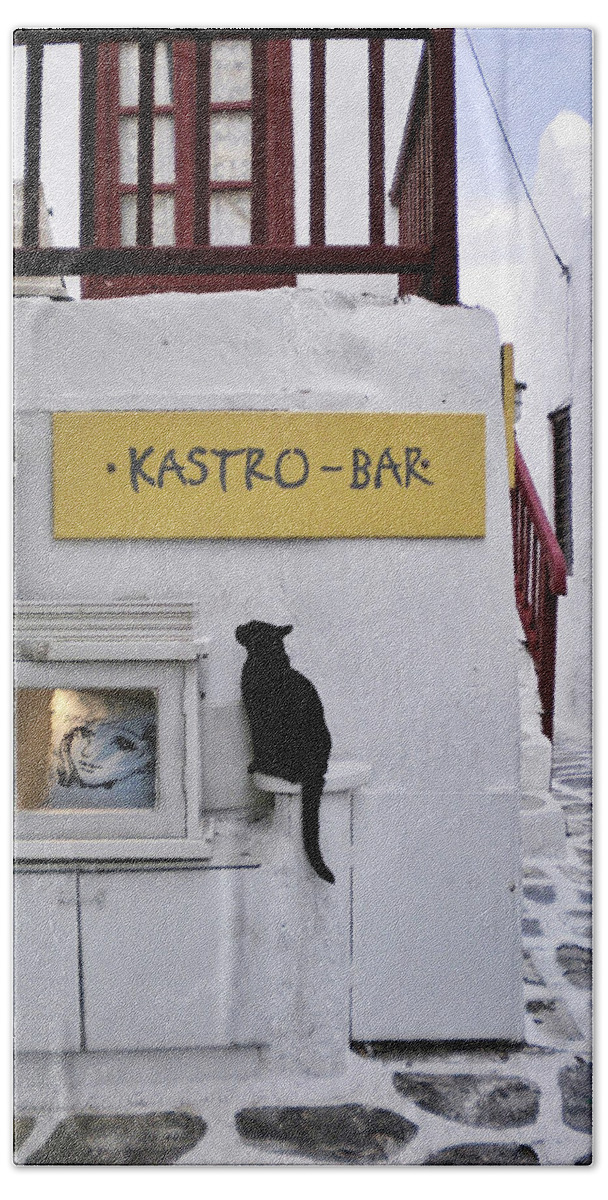 Cat Bath Towel featuring the photograph A Curious Cat in Mykonos by Marilyn MacCrakin