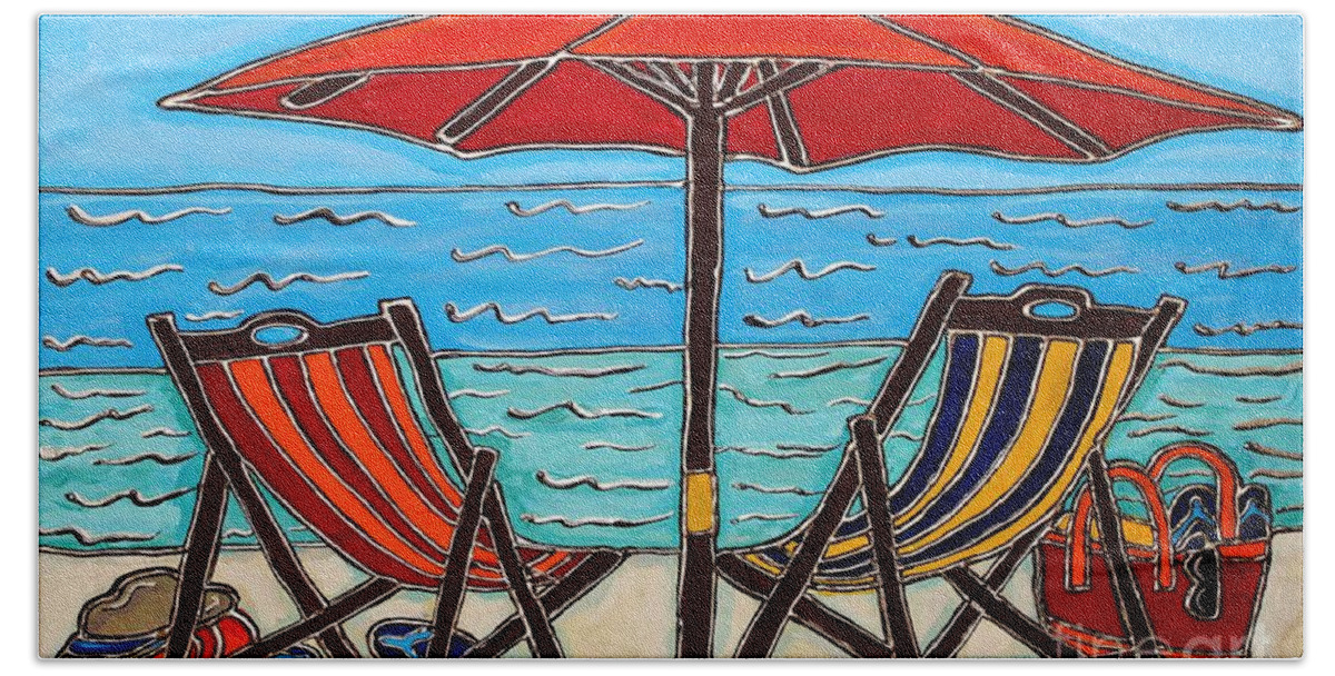 Umbrella Hand Towel featuring the painting A Day at the Beach by Cynthia Snyder