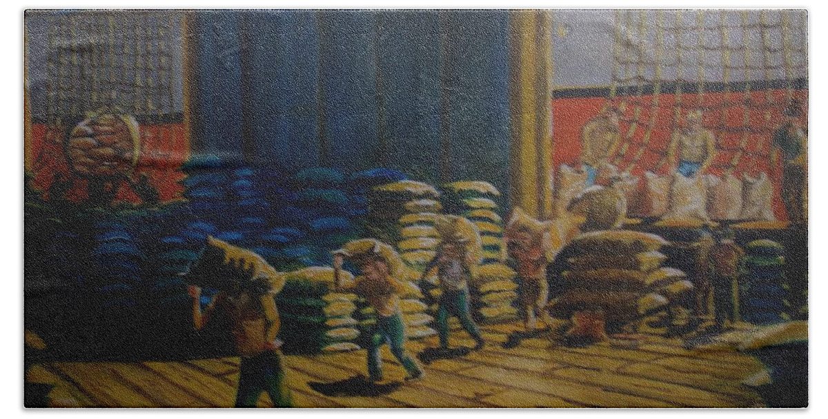 Brooklyn Army Base Bath Towel featuring the painting A Day At The Docks by Philip And Robbie Bracco