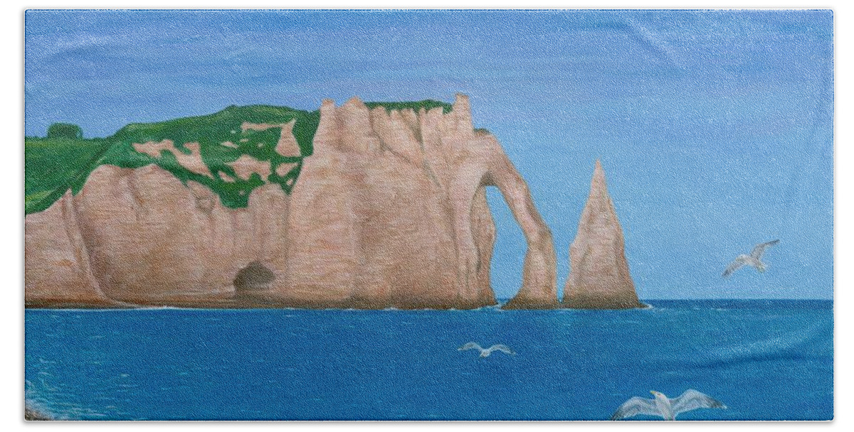 Etretat Bath Towel featuring the painting A Day in Etretat by Aicy Karbstein