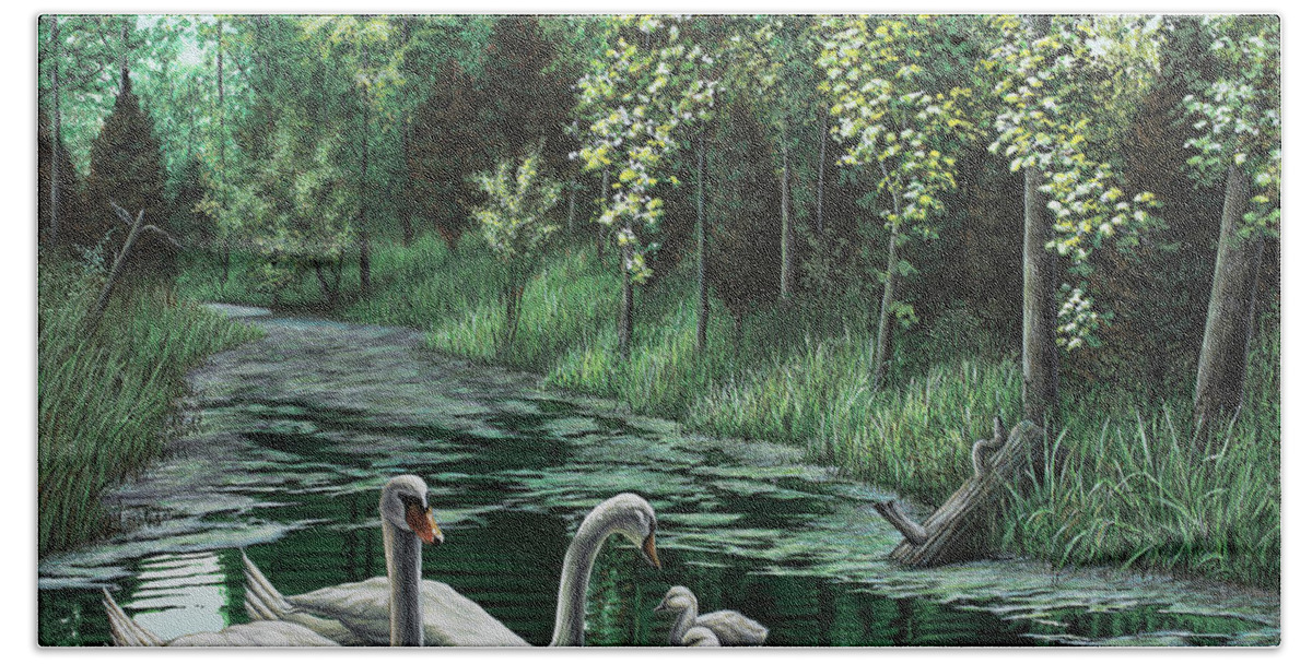 Swan Hand Towel featuring the painting A Day Out by Anthony J Padgett