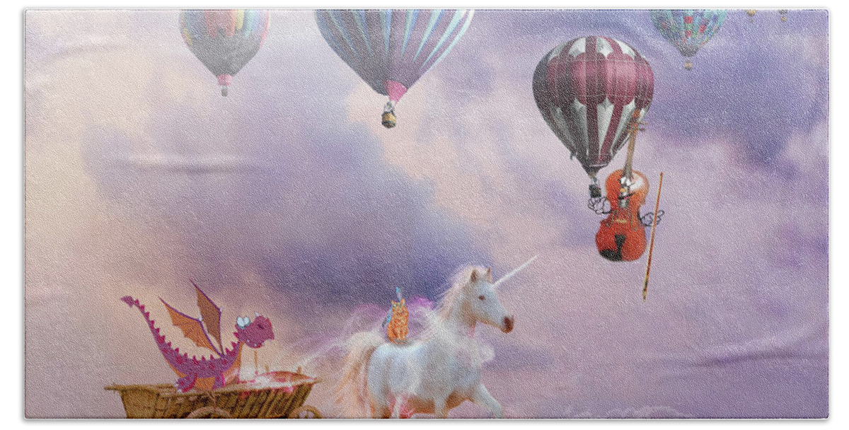 Children's Books Bath Towel featuring the mixed media A Dragon in a Unicorn Wagon by Colleen Taylor