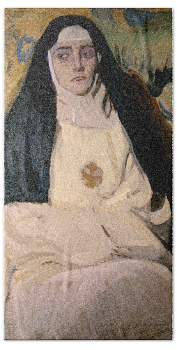 Joaquin Sorolla Bath Towel featuring the painting 'A Nun', 1918. by Joaquin Sorolla -1863-1923-